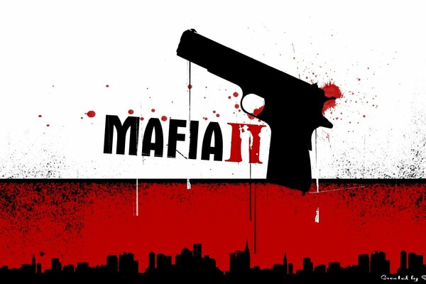 Wallpaper für das Spiel Mafia 2, die die Inschrift des Spiels und eine blutige Pistole zeigt