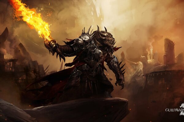 Fond d écran du jeu Guild Wars 2, qui représente un monstre en armure et avec une épée flamboyante
