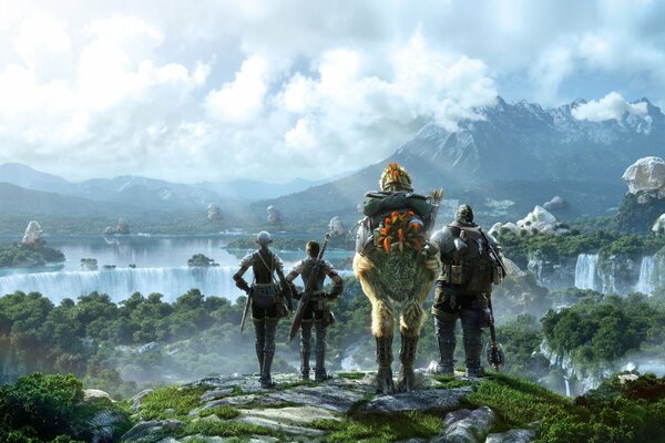 Les héros de final fantasy xiv regardent un paysage de conte de fées