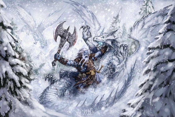Kampf zwischen einem Drachen und einem Helden im Winter