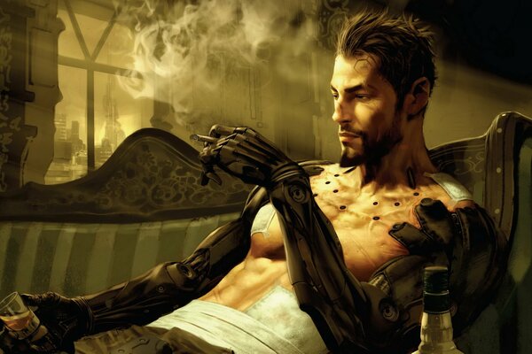 Nachdenklicher Charakter des Spiels deus ex 3 mit einer Zigarette in der Hand