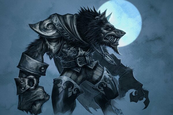 Ogromny wilkołak stoi w zbroi na tle księżyca