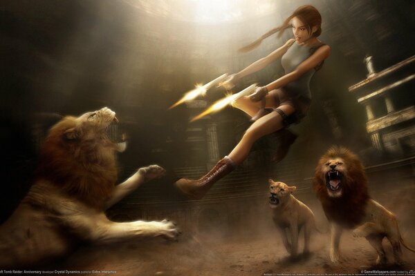 Tom Ryder shoots lions in flight with two pistols