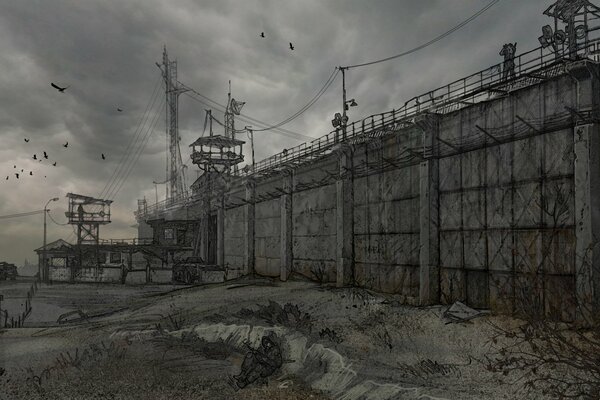 An abandoned wall in the apocalypse from the game