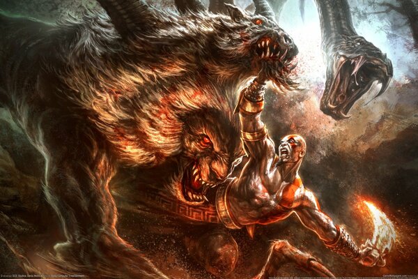 Art Screensaver sul desktop Dio della guerra dal gioco Anno di Var con il mostro