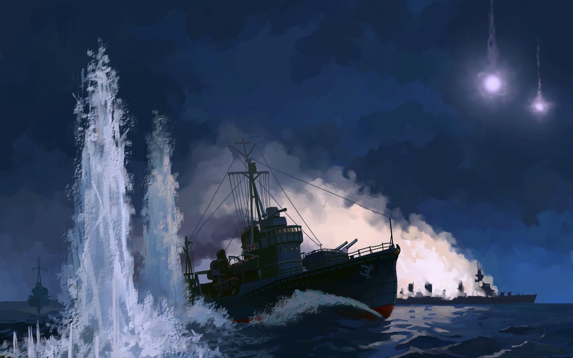 bataille de l impératrice augusta bay bataille navale bataille mer navires nuit explosions lumières fusées art dessin océan pacifique bougainville