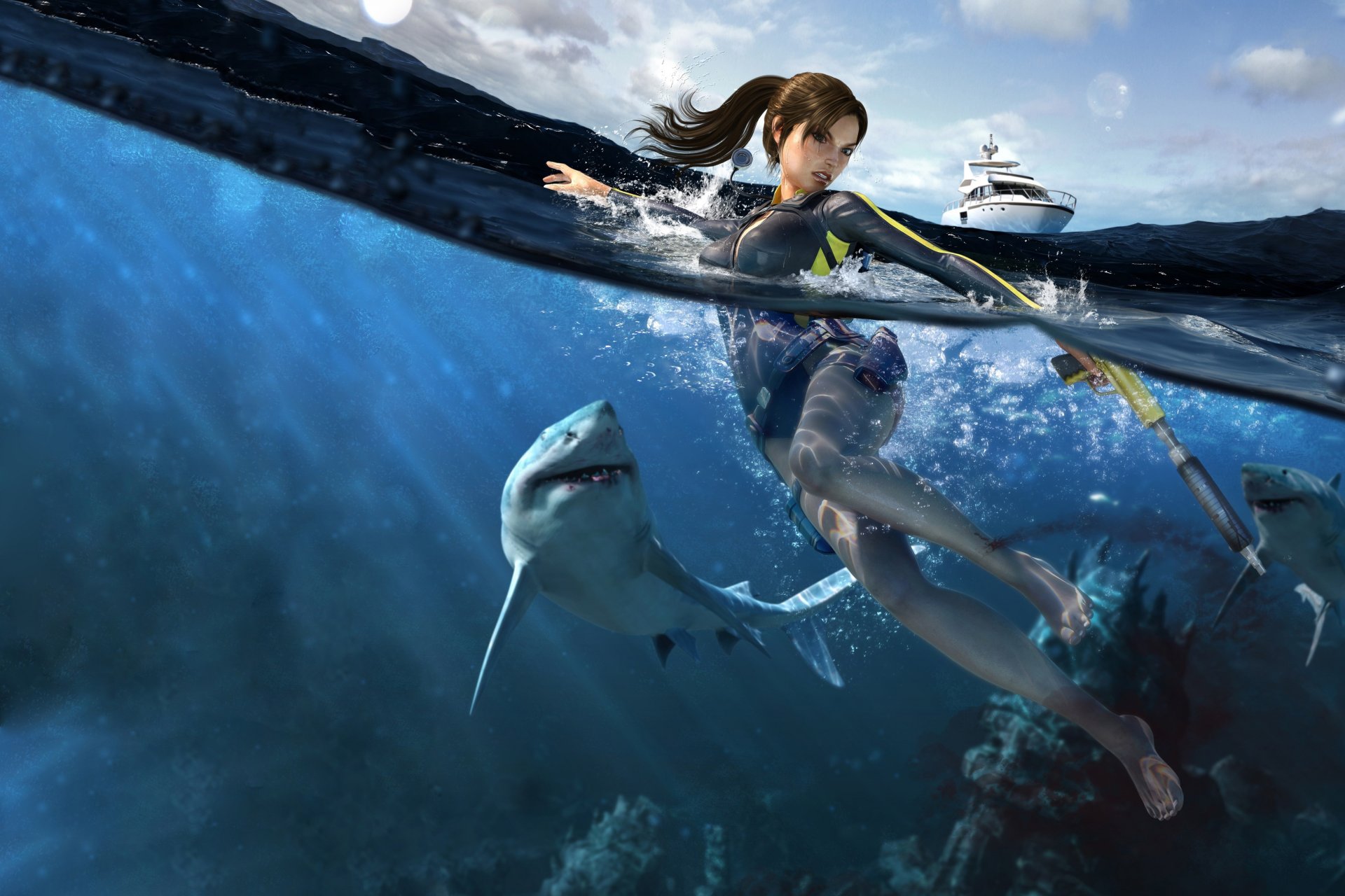 tomb raider underworld lara croft yate agua tiburón