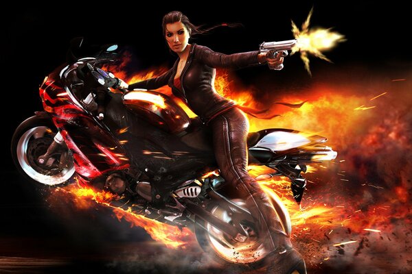 Девушка на огненом мотоцикле стреляет