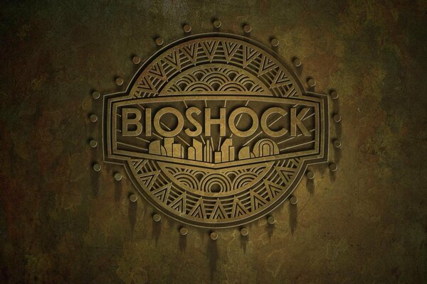 Logo del gioco di bioshock forgiato su metallo