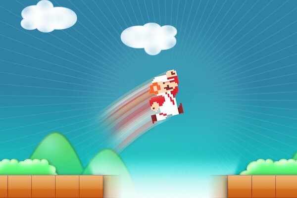 Mario jumps over the abyss against the background of the sky with clouds