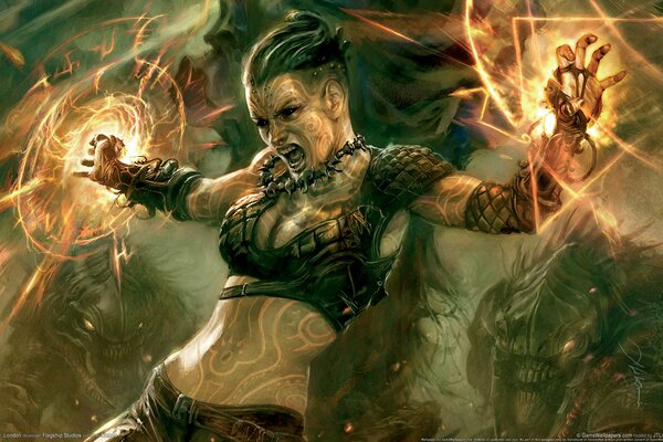 Ein Fantasy-Krieger-Mädchen in den Händen eines Blitzes
