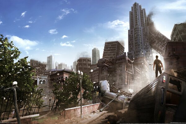 A man stands on a broken train amid other debris against the backdrop of a destroyed city