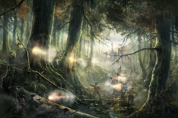 Ближний бой солдат в лесу, Сцена из игры Total War: Empire 