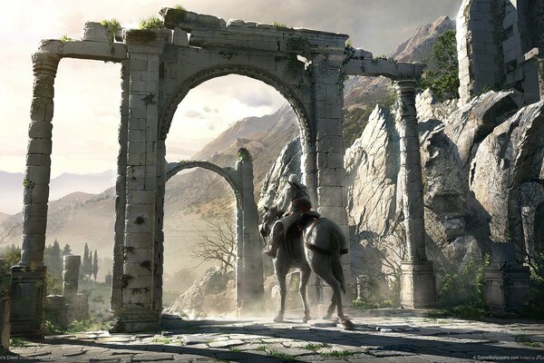Jeździec na koniu przejeżdża przez bramę Ruin