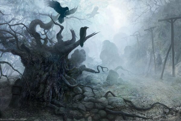 Gothic depiction of a gloomy forest