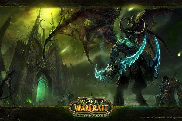 Warcraft. Il temibile eroe sta in piedi e guarda con i suoi occhi blu