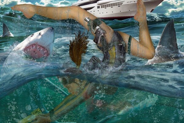 Lara Croft avec harpon dans l eau parmi les requins sur fond de bateau