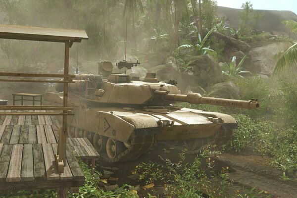 Un tanque junto a una cabaña en medio de palmeras en un momento de respiro después de la batalla