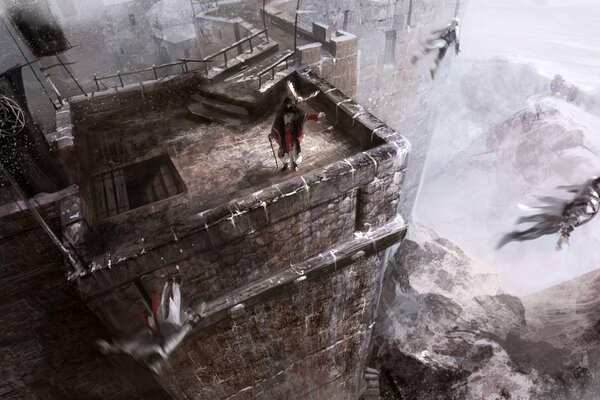 The assassin s creed of vyra and strength against the background of the tower