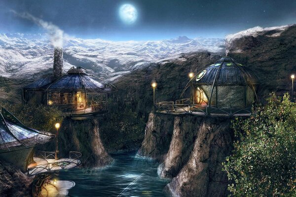 Unusual village houses in the moonlight