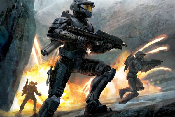 Halo 3 stürmt Soldaten mit Rüstung und Feuer