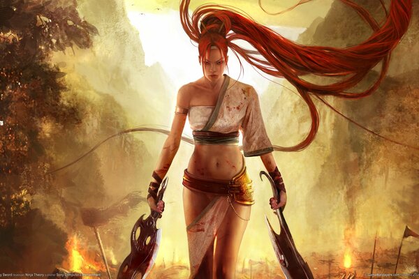 Nariko, warrior girl, heavenly sword, fire and mountains