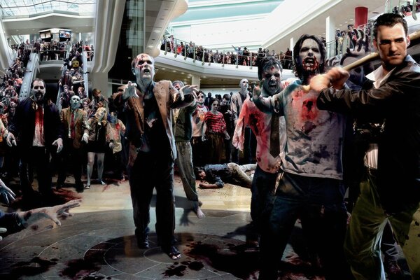 A crowd of zombies in the building and a man with a bat