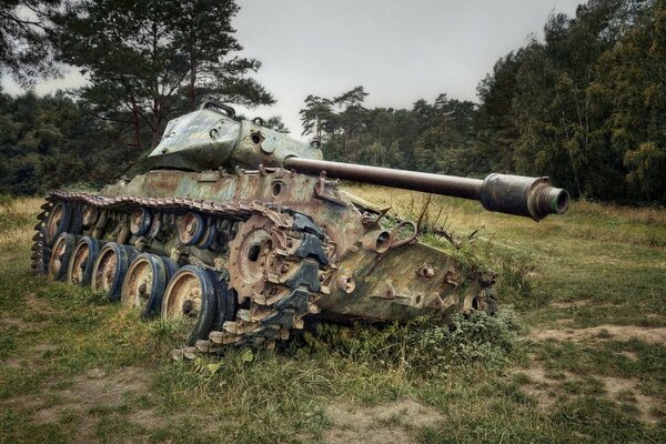 Der Tank kippte bei bewölktem Wetter in einem Feld auf dem Rasen