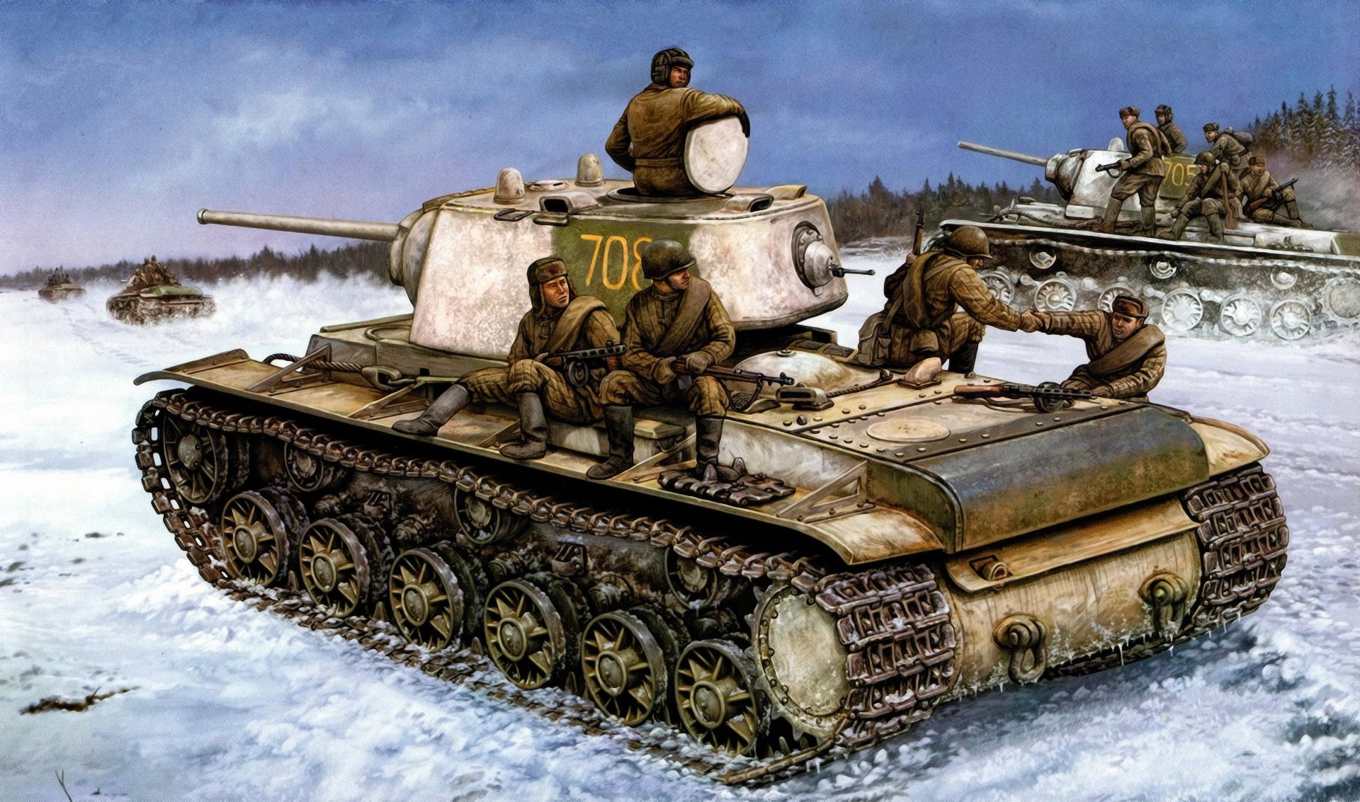 kv-1 russian tank ww2 war art painting red army russian infantry