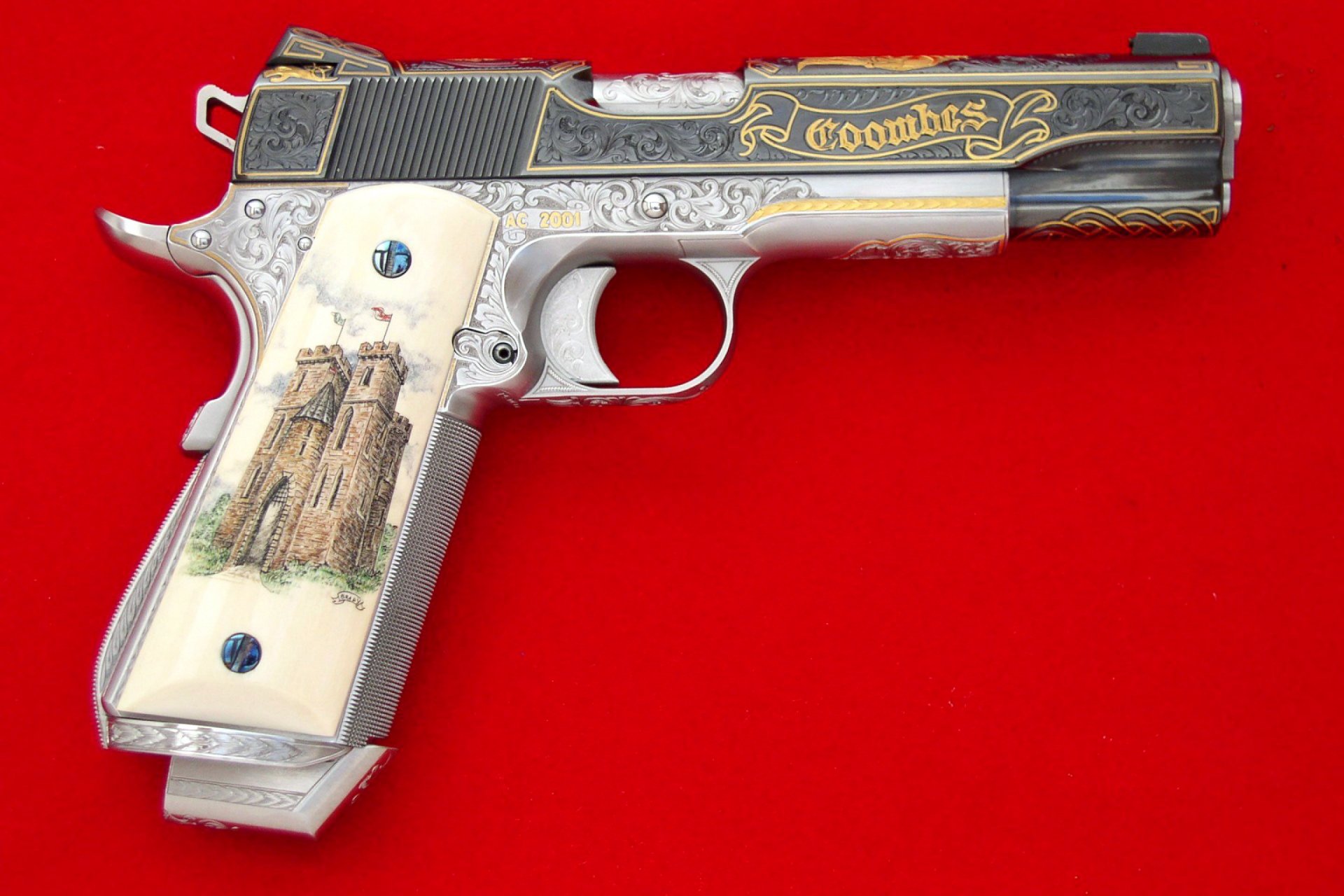 pistolet auto-charge colt m1911-ooo âne colt arme m1911 1911 rouge fond incrusté poignée os dorure chic cadeau option automatique armes personnalisées personnalisation or calibre 11.4