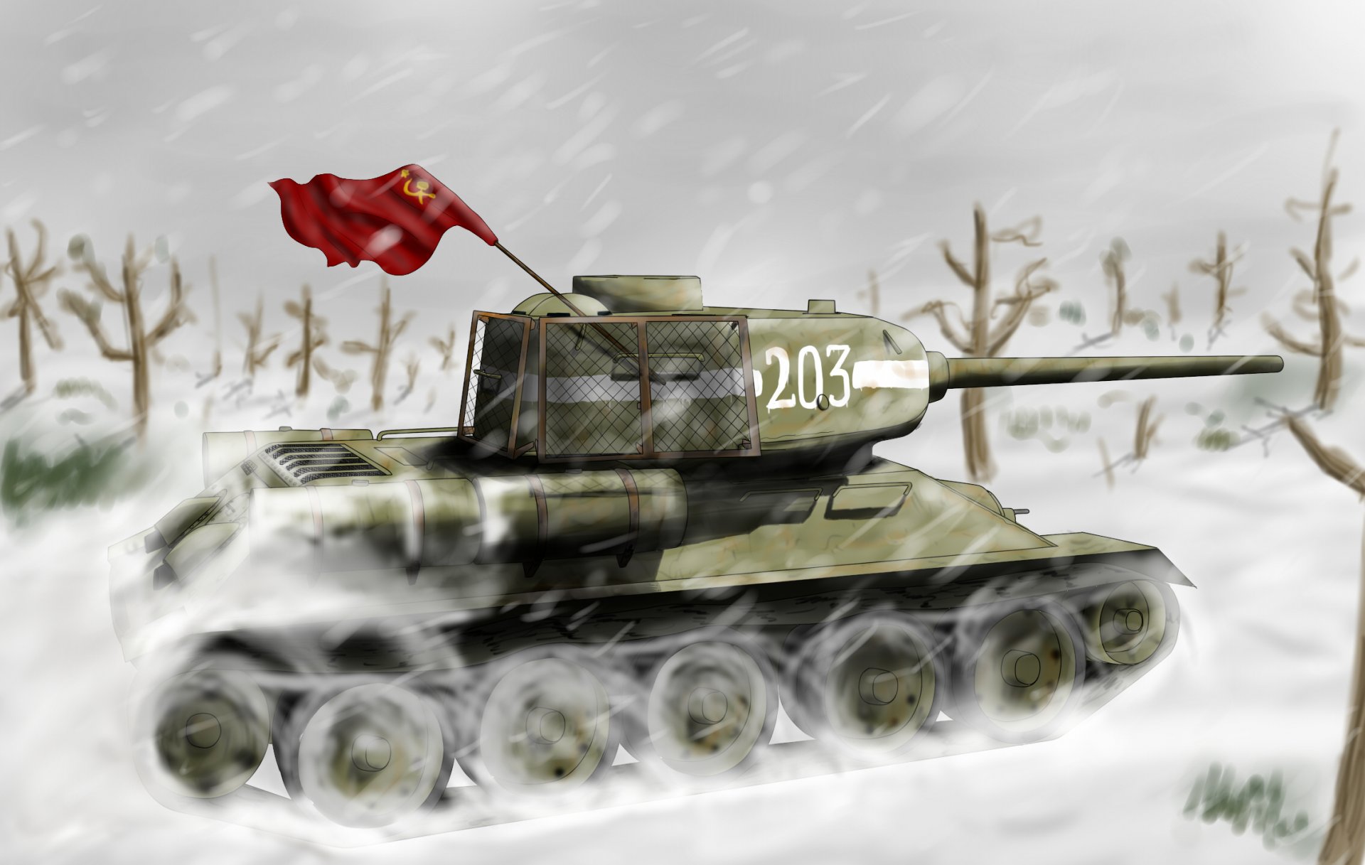 soviétique moyen réservoir t-34-85 bannière urss seconde guerre mondiale neige hiver blizzard art dessin