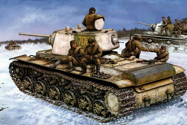 A tank in the snow with soldiers