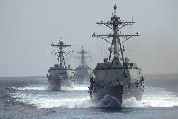 Naval army with weapons at sea