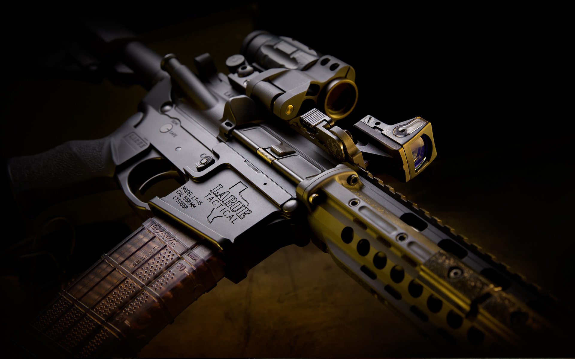 larue tactical assault rifle optics close-up twilight