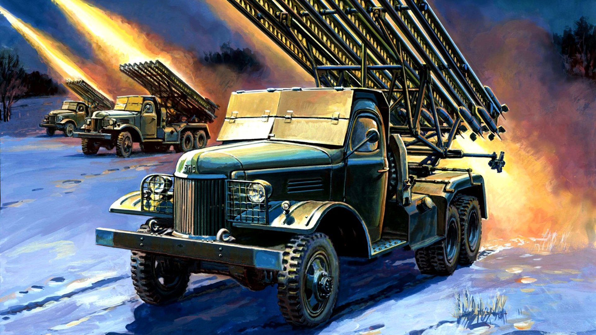 bm-13 soviet combat vehicle rocket artillery katyusha volley start picture art fatty