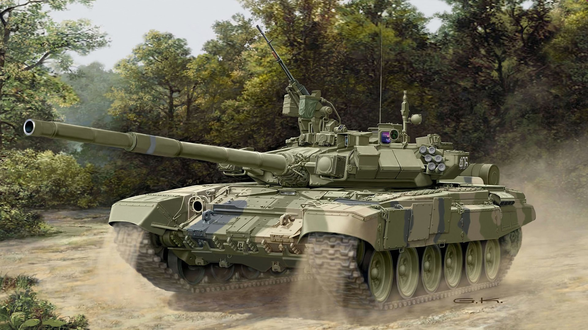 arte tanque t-90 ruso mbt calibre armas 125-mm ametralladoras 1x 7-mm nsvt y cordón 62-mm pct empujado a la posición inicial polígono ejercicios rusia artista g. klavek