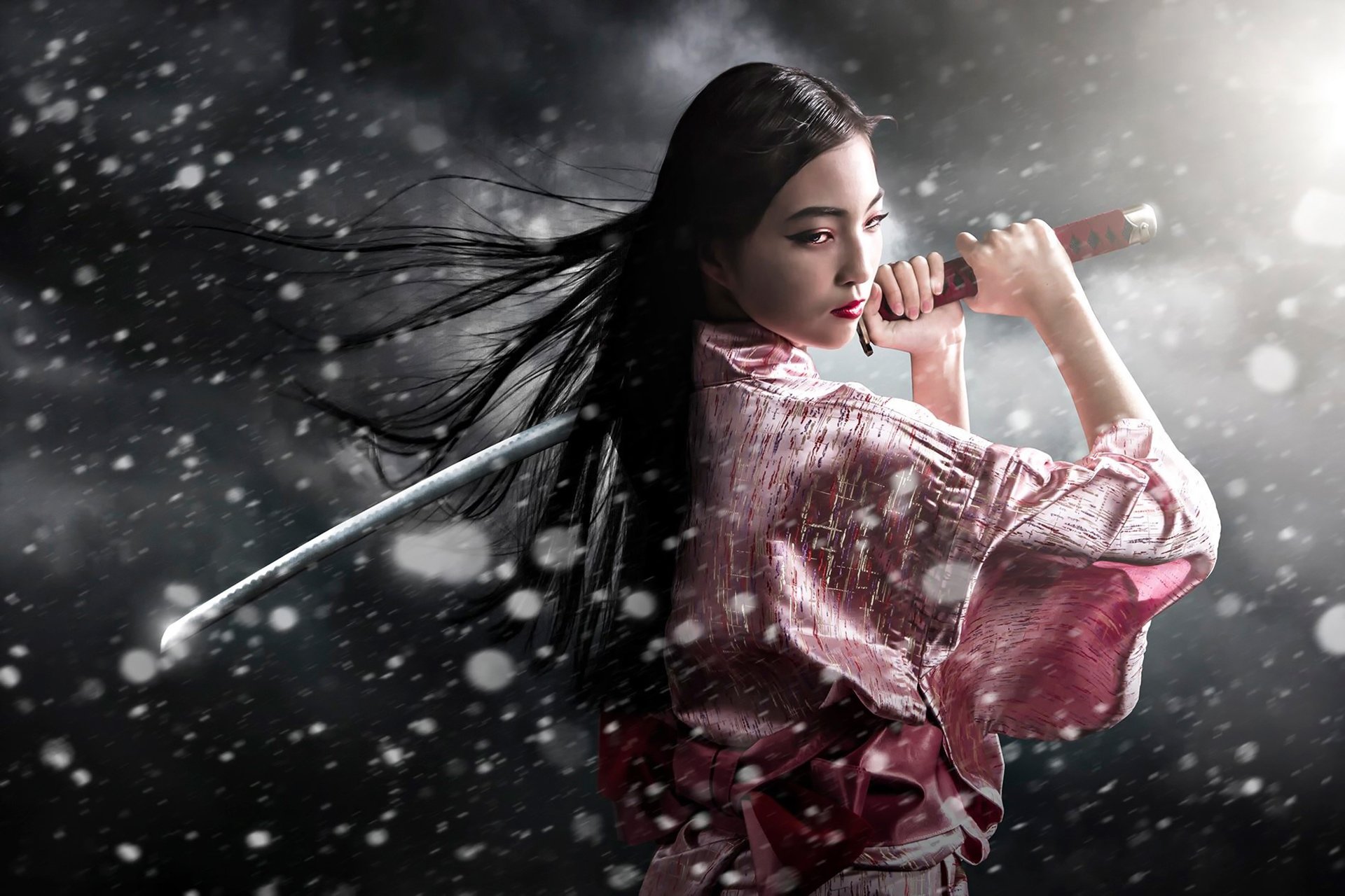 chica samurai puede espada kimono nieve