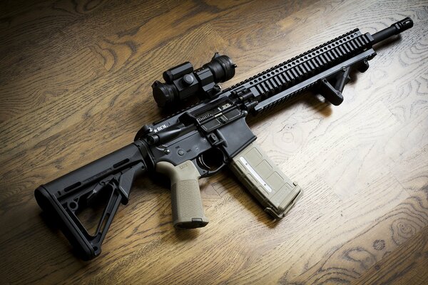 Firearms on a wooden table