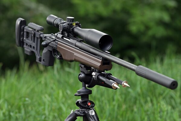 Sniper rifle with optics on a grass background