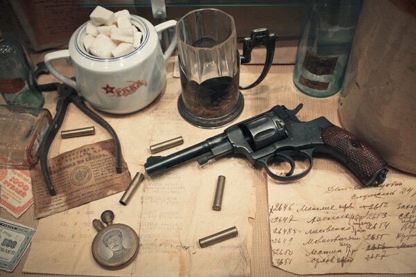 Tea party before shooting a revolver