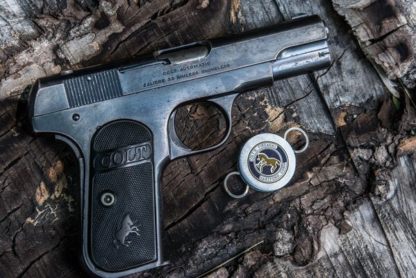 Un pistolet de couleur noire repose sur un arbre