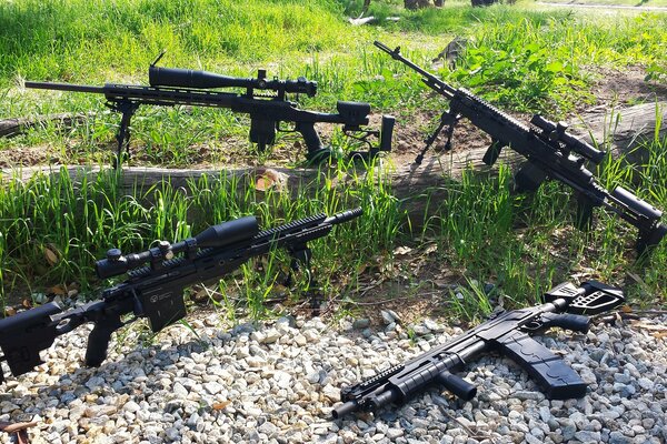 Exposition d armes sur le sable et l herbe