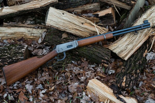 The Winchester rifle is lying on the firewood