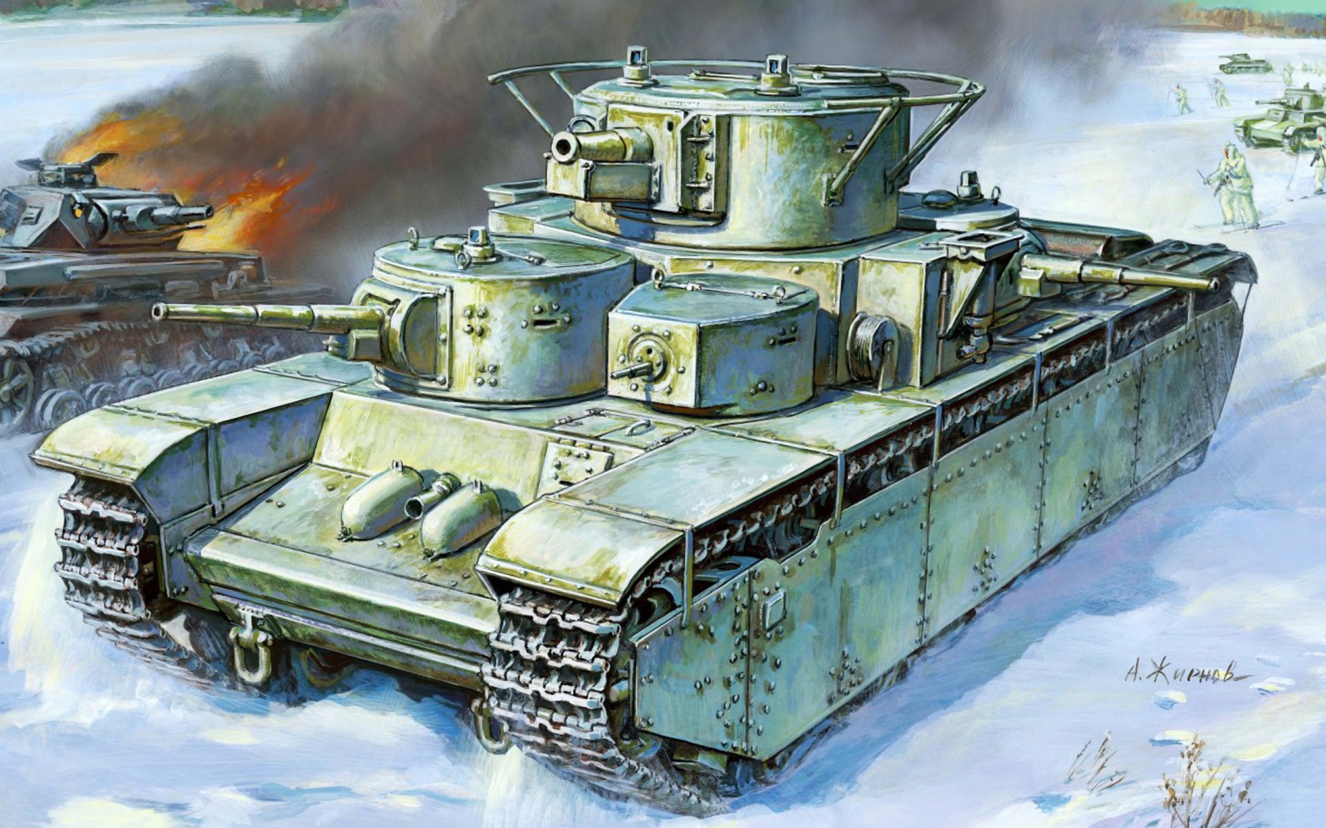 art char t-35 soviétique unique au monde cinq tours série calibre canons 1x 2-mm 2x 45-mm mitrailleuses 6x 62-mm dt bataille pour moscou hiver 1941 à gauche abattu allemand pz.kpfw.iv urss seconde guerre mondiale seconde guerre mondiale peintre a. zhirnov