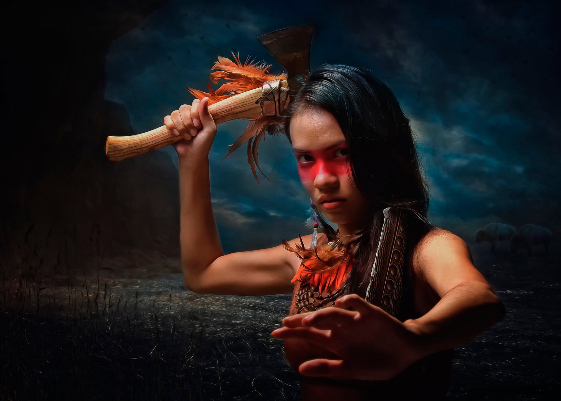 native american tomahawk battle axe girl war paint