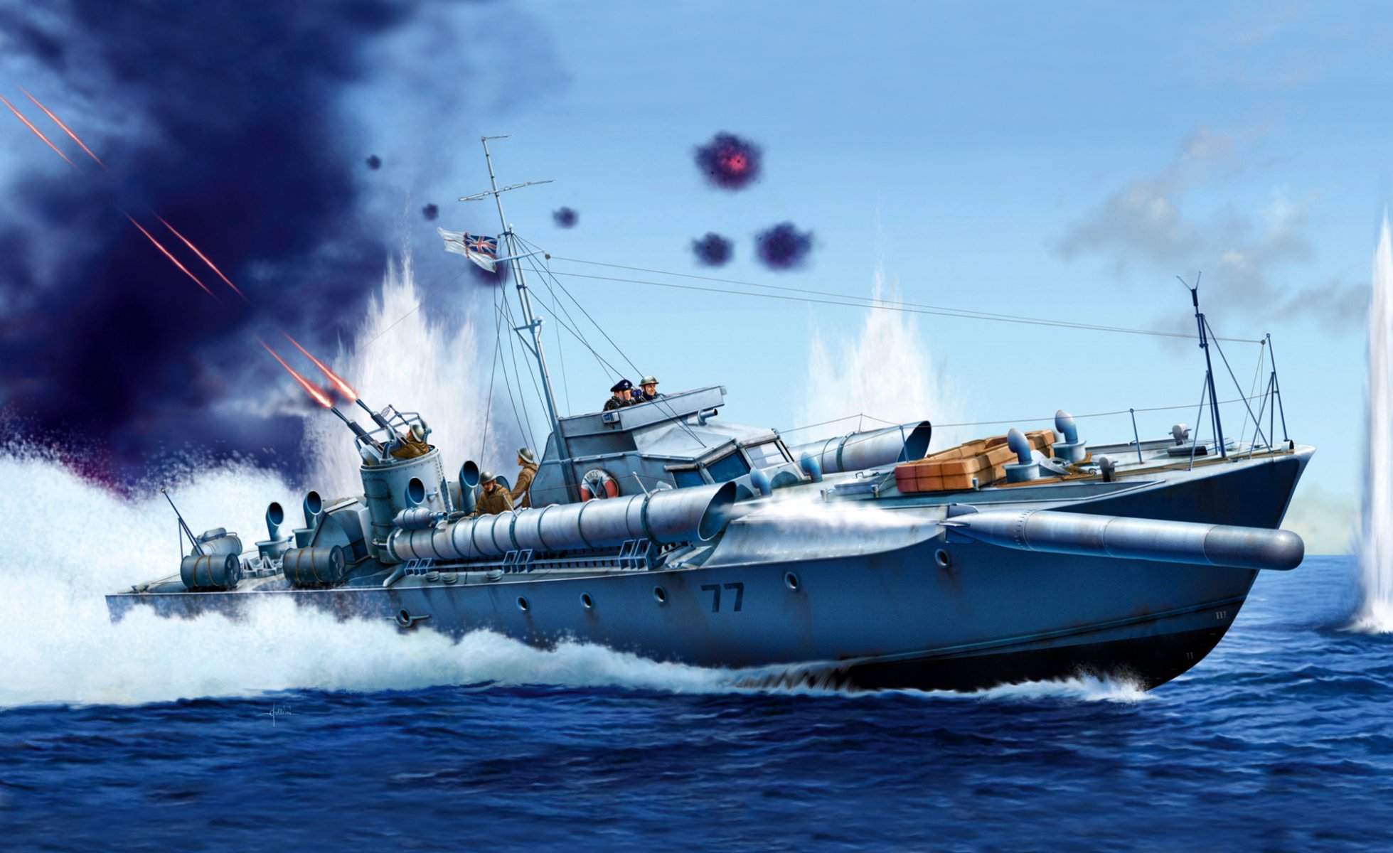 art fleet ship torpedo boat vosper 72-6 mtb 77 light fast battle air sea speed 40 knots three engines 4200l.s. crew 10-13 people armament 2x 533-mm tube torpedo apparatus 7-mm machine gun vickers 4-small depth charges ukri