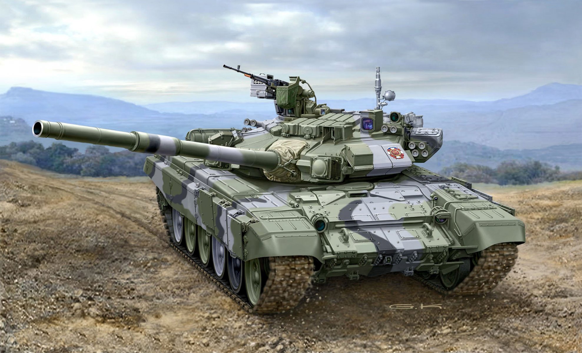 art tank t-90a russian obt caliber 125 mm machine guns 1x 7 mm nsvt or cord 62 mm pkt dop armament reflex-m polygon exercises russia artist g.klawek