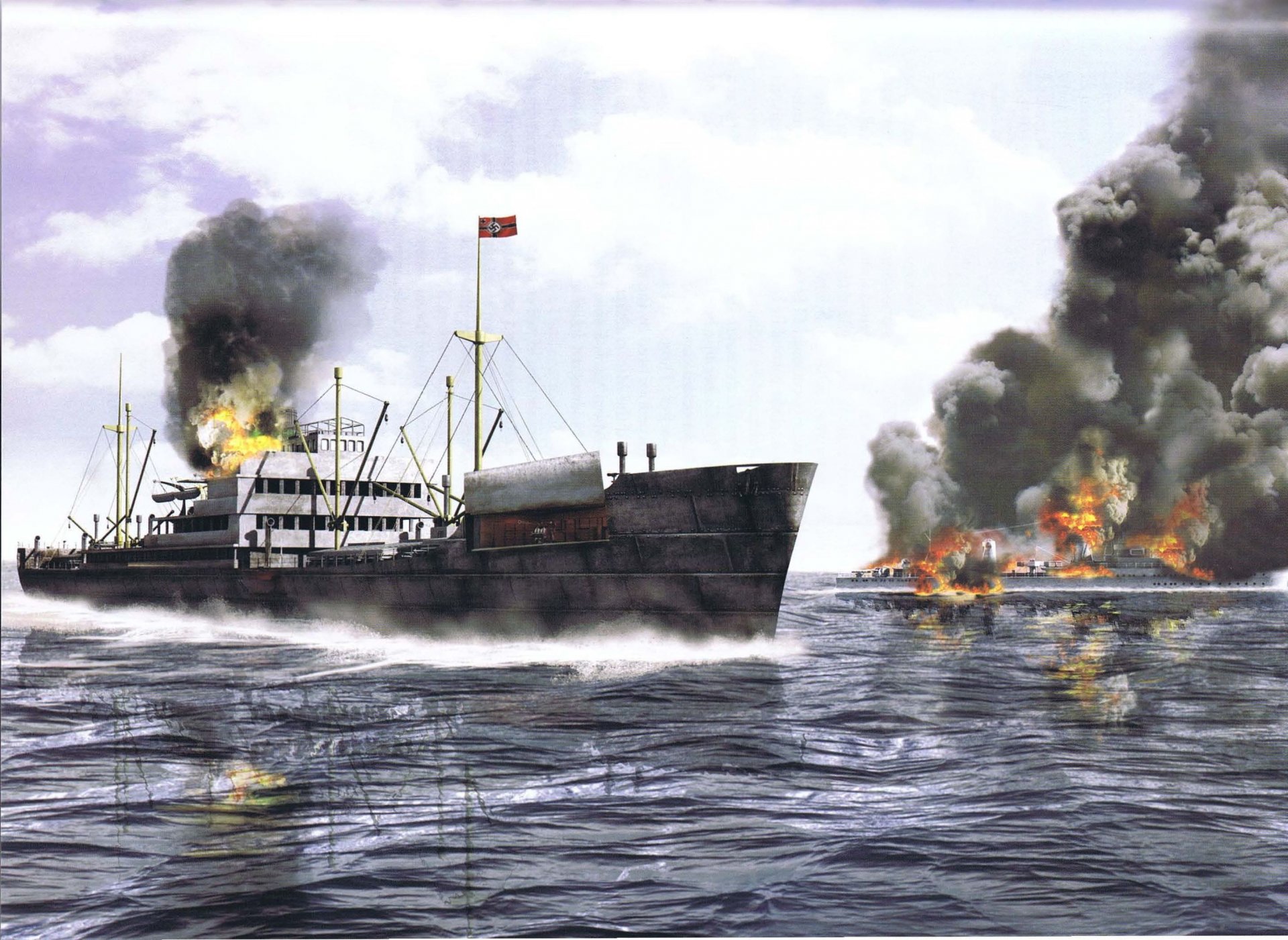 art mer navires cargo destroyer feu fumée ww2 dessin