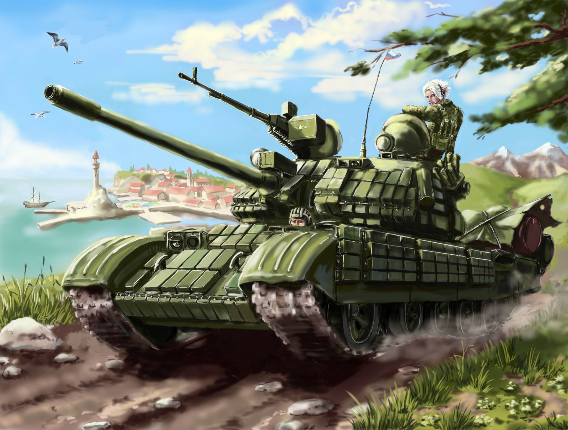 t-55 char russie soldat drapeau ville mitrailleuse