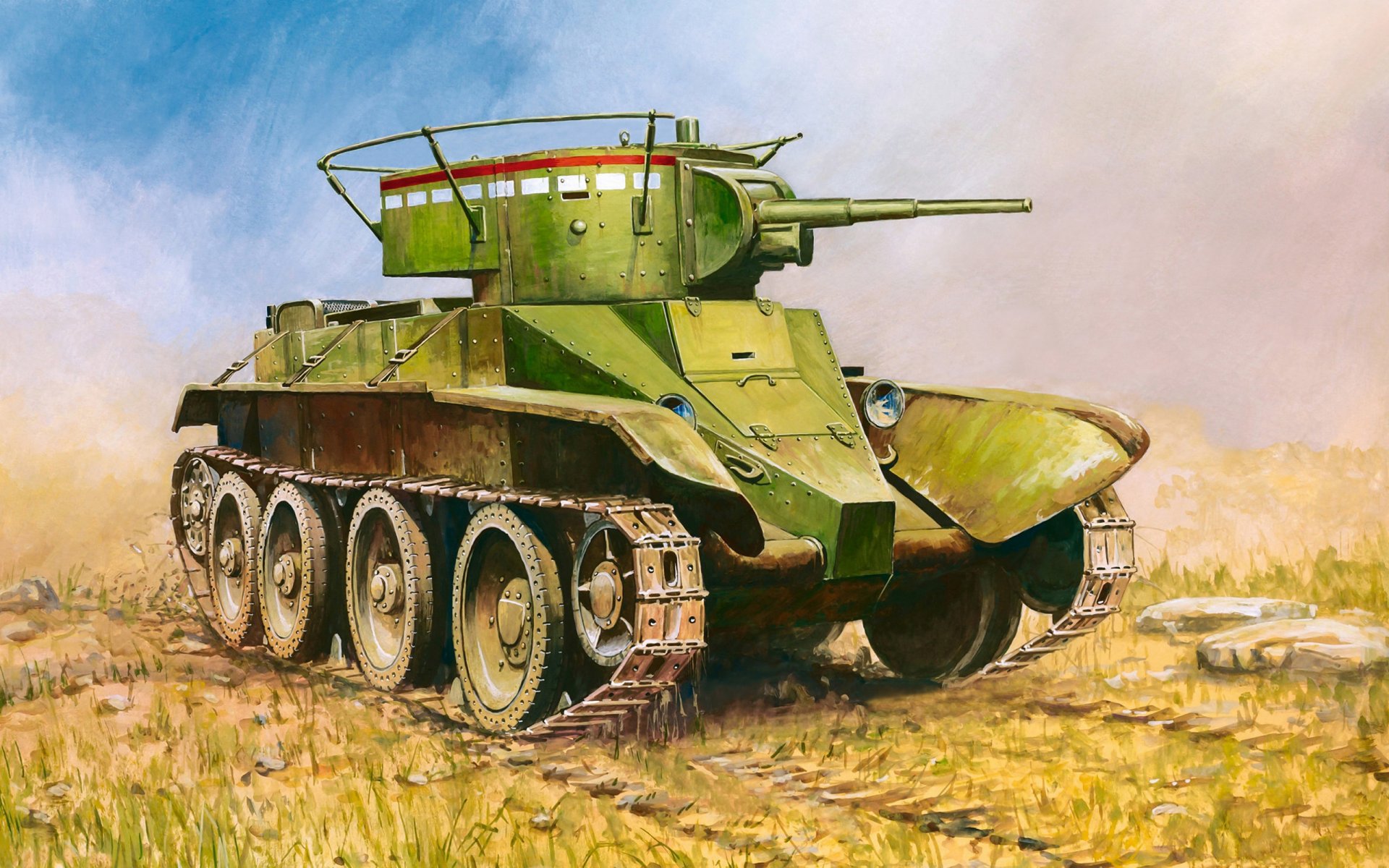 arte tanque ligero bt-5 de alta velocidad con estación de radio calibre cañones 45-mm ametralladora 1x 62-mm dt segunda guerra mundial ww2 artista dmitry dudchik